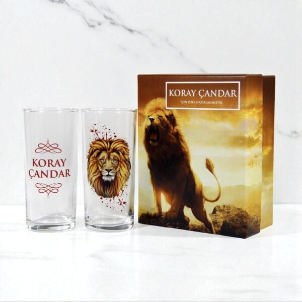 Aslan Figürlü Hediyelik Özel Kutulu İsim Baskılı İkili Rakı Bardağı