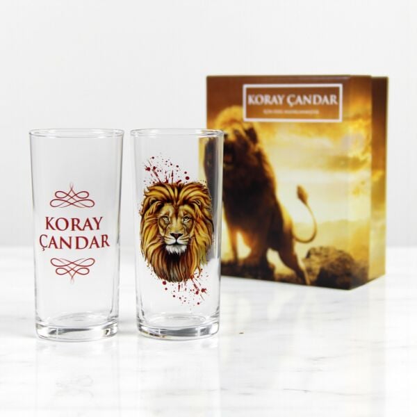 Aslan Figürlü Hediyelik Özel Kutulu İsim Baskılı İkili Rakı Bardağı