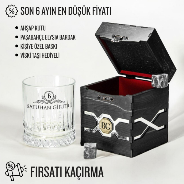 Club Ella Ahşap Kutulu Viski Seti | Kişiye Özel Baskılı & Şık Hediye