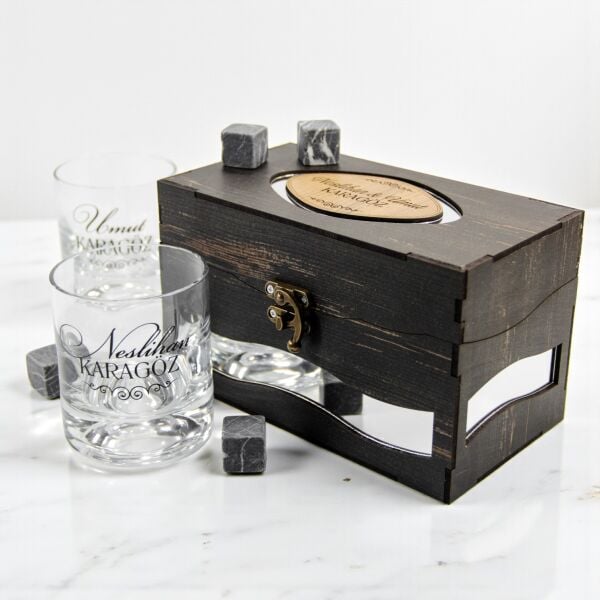 Modena Ahşap Kutulu Özel Baskılı Paşabahçe İkili Viski Set
