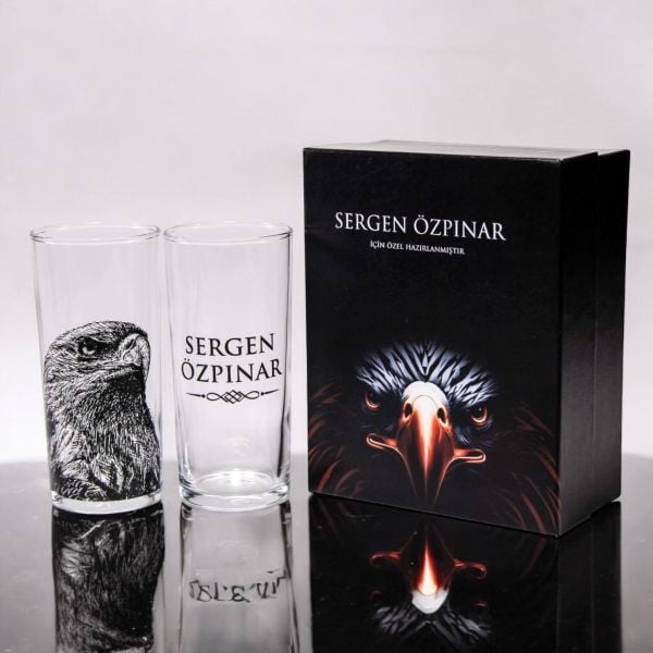 Kartal Figürlü İsim Baskılı İkili Rakı Bardağı