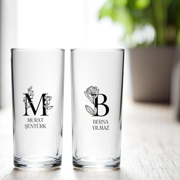 Çiçek Motifli Baş Harf Kişiye Özel İsim Baskılı İkili Rakı Bardağı