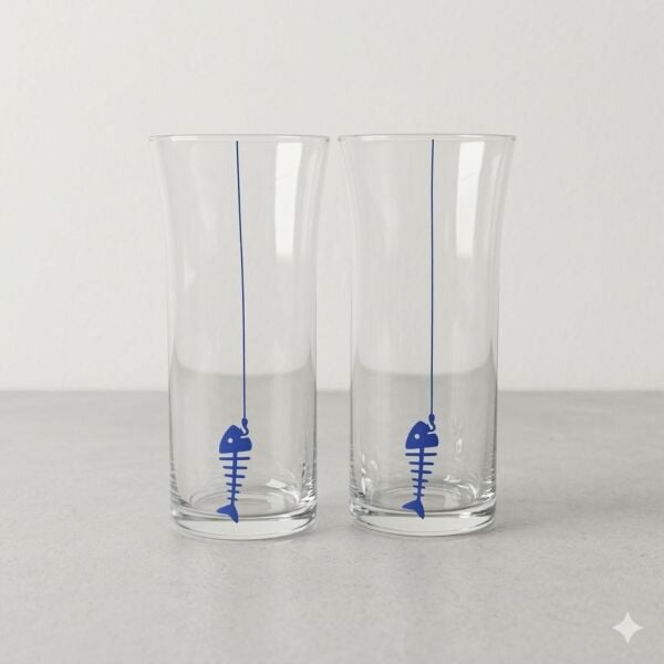 Öykü Serisi: Mavi Balık Kılçığı Desenli 2'li Rakı Bardağı Seti