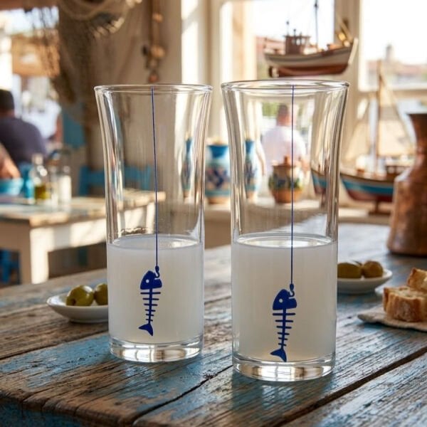 Öykü Serisi: Mavi Balık Kılçığı Desenli 2'li Rakı Bardağı Seti