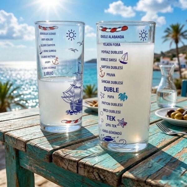 Denizci Tasarım İkili Rakı Bardağı Seti - Özel Baskılı Marin Serisi