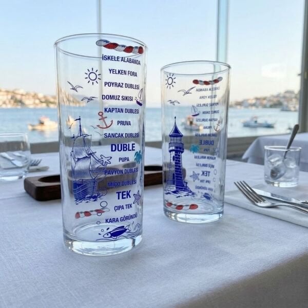 Denizci Tasarım İkili Rakı Bardağı Seti - Özel Baskılı Marin Serisi