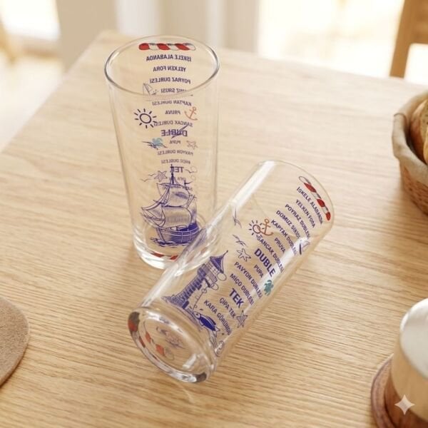 Denizci Tasarım İkili Rakı Bardağı Seti - Özel Baskılı Marin Serisi