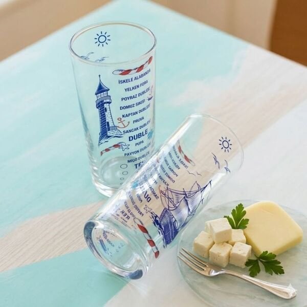 Denizci Tasarım İkili Rakı Bardağı Seti - Özel Baskılı Marin Serisi