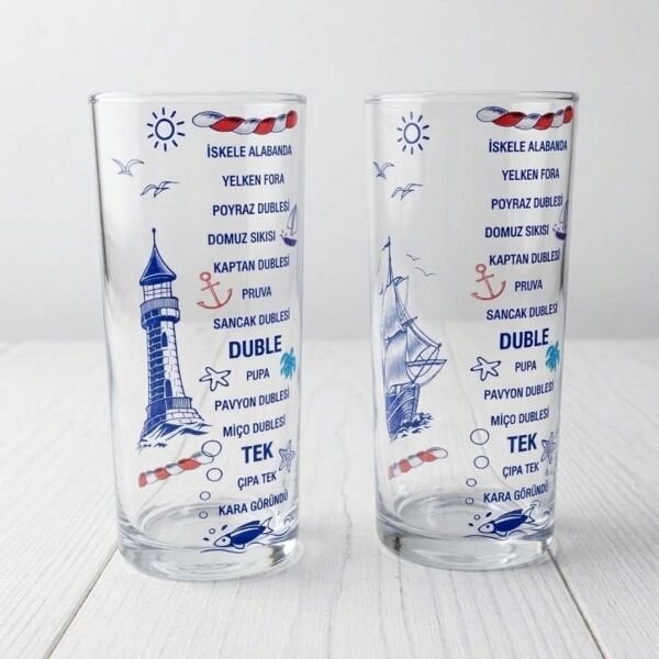 Denizci Tasarım İkili Rakı Bardağı Seti - Özel Baskılı Marin Serisi