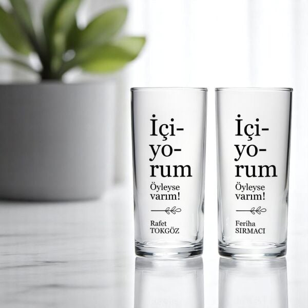 İçiyorum Öyleyse Varım isim Baskılı İkili Rakı Bardağı