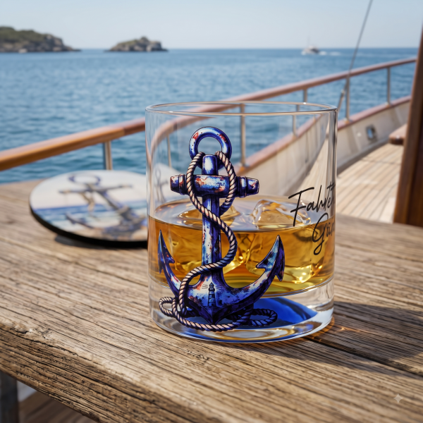 Mavi Taban Çapa Marine Viski Bardağı & Ahşap Bardak Altlığı