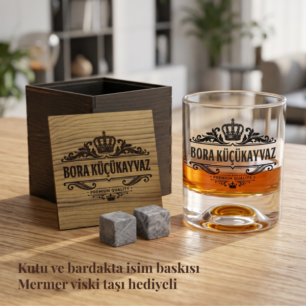 Ahşap Kutulu Monogram İsim Baskılı Viski Bardağı