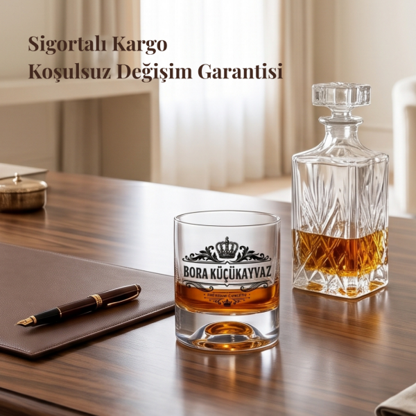 Ahşap Kutulu Monogram İsim Baskılı Viski Bardağı