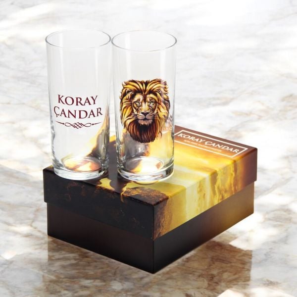 Aslan Figürlü Hediyelik Özel Kutulu İsim Baskılı İkili Rakı Bardağı