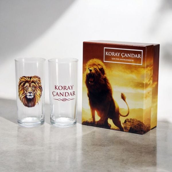 Aslan Figürlü Hediyelik Özel Kutulu İsim Baskılı İkili Rakı Bardağı