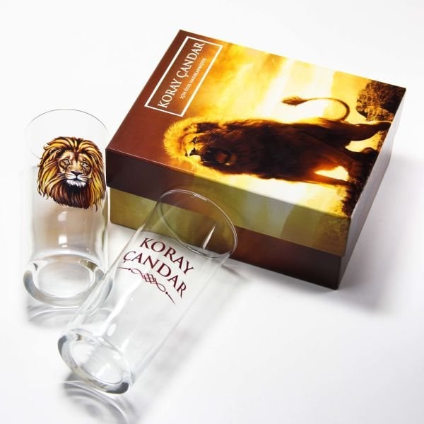 Aslan Figürlü Hediyelik Özel Kutulu İsim Baskılı İkili Rakı Bardağı