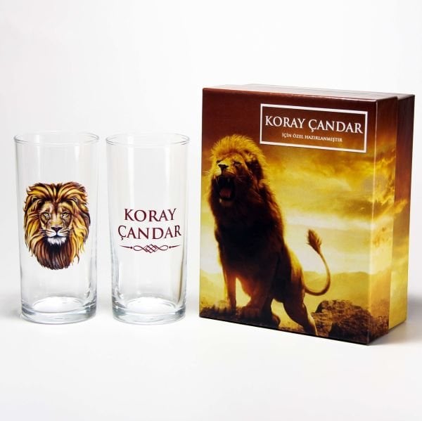 Aslan Figürlü Hediyelik Özel Kutulu İsim Baskılı İkili Rakı Bardağı