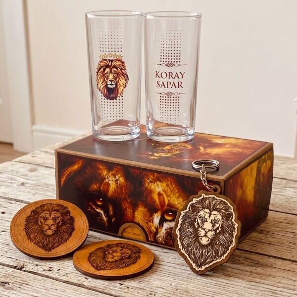 Aslan İsim Baskılı Rakı Bardakları - Bardak Altlığı ve Anahtarlık