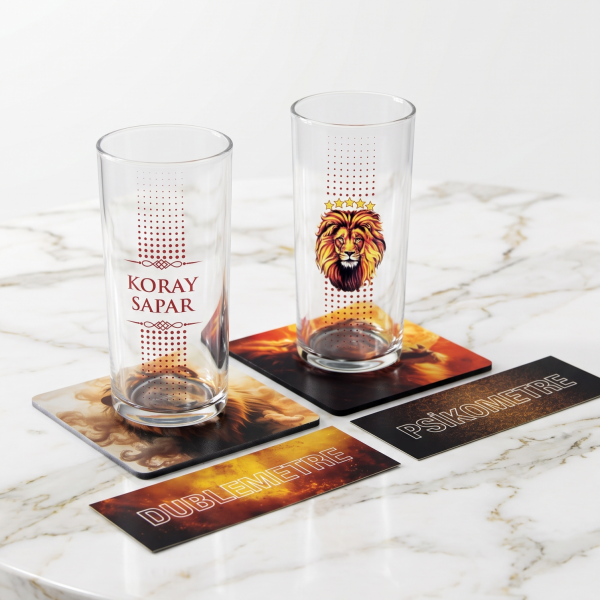 Aslan İsim Baskılı Rakı Bardakları - Bardak Altlığı ve Hediyelik Kutu