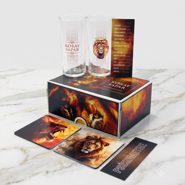 Aslan İsim Baskılı Rakı Bardakları - Bardak Altlığı ve Hediyelik Kutu