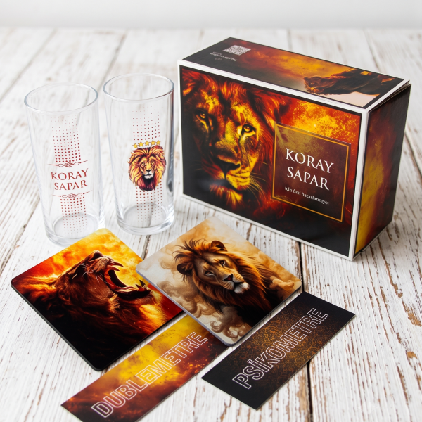 Aslan İsim Baskılı Rakı Bardakları - Bardak Altlığı ve Hediyelik Kutu