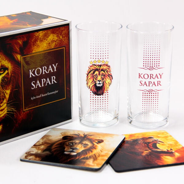 Aslan İsim Baskılı Rakı Bardakları - Bardak Altlığı ve Hediyelik Kutu