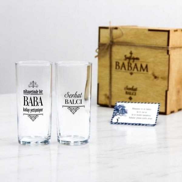 Babaya Özel Ahşap Kutulu İkili Rakı Bardağı