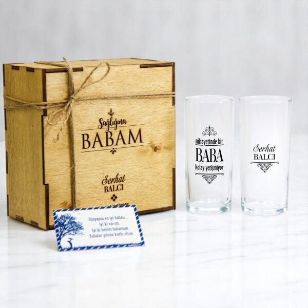 Babaya Özel Ahşap Kutulu İkili Rakı Bardağı