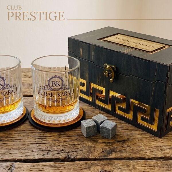 Club Prestige Ahşap Kutulu Viski Seti | Kişiye Özel İsim Baskılı Hediye