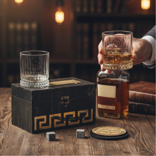 Club Prestige Ahşap Kutulu Viski Seti | Kişiye Özel İsim Baskılı Hediye