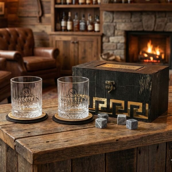 Club Prestige Ahşap Kutulu Viski Seti | Kişiye Özel İsim Baskılı Hediye