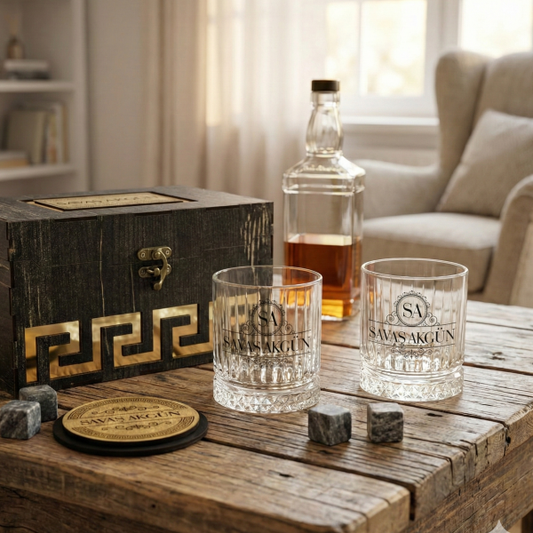 Club Prestige Ahşap Kutulu Viski Seti | Kişiye Özel İsim Baskılı Hediye