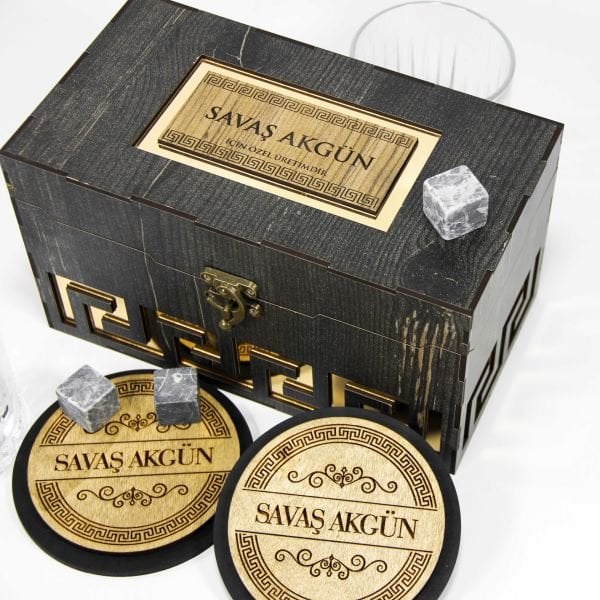 Club Prestige Ahşap Kutulu Viski Seti | Kişiye Özel İsim Baskılı Hediye