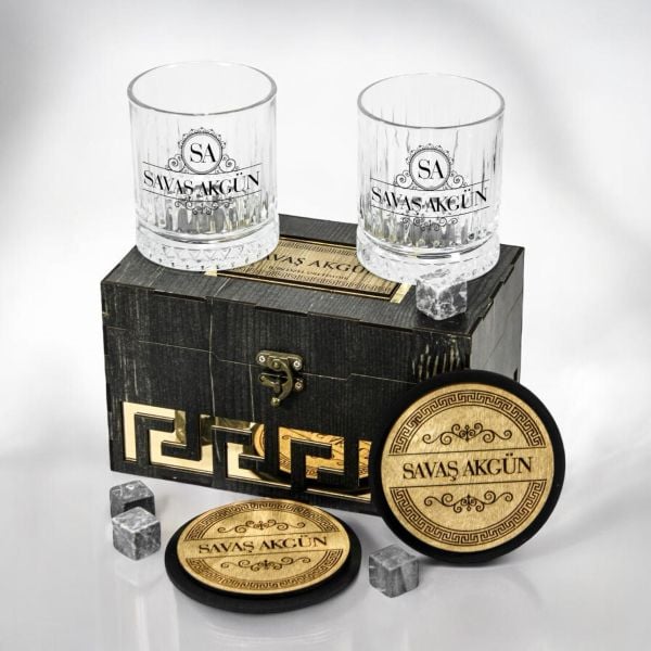 Club Prestige Ahşap Kutulu Viski Seti | Kişiye Özel İsim Baskılı Hediye