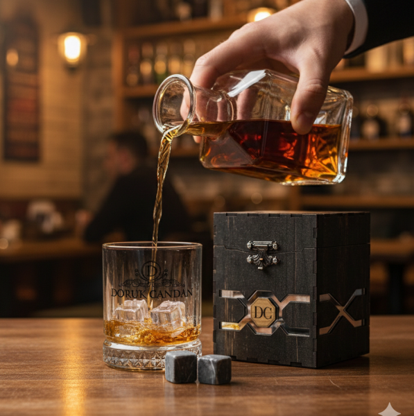 Club Ella Ahşap Kutulu Viski Seti | Kişiye Özel Baskılı & Şık Hediye