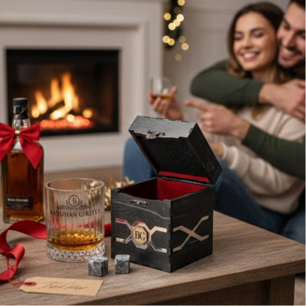 Club Ella Ahşap Kutulu Viski Seti | Kişiye Özel Baskılı & Şık Hediye