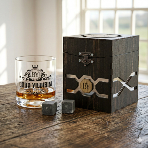 Ahşap Kutulu Özel Baskılı Paşabahçe Viski Bardağı