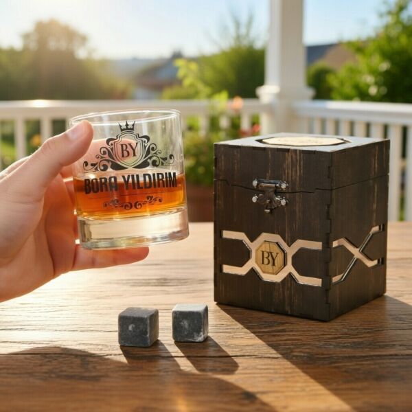 Ahşap Kutulu Özel Baskılı Paşabahçe Viski Bardağı