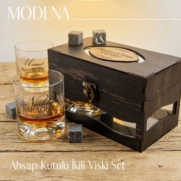 Modena Ahşap Kutulu Özel Baskılı Paşabahçe İkili Viski Set