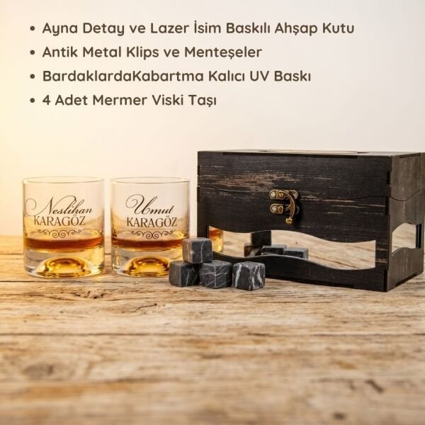 Modena Ahşap Kutulu Özel Baskılı Paşabahçe İkili Viski Set