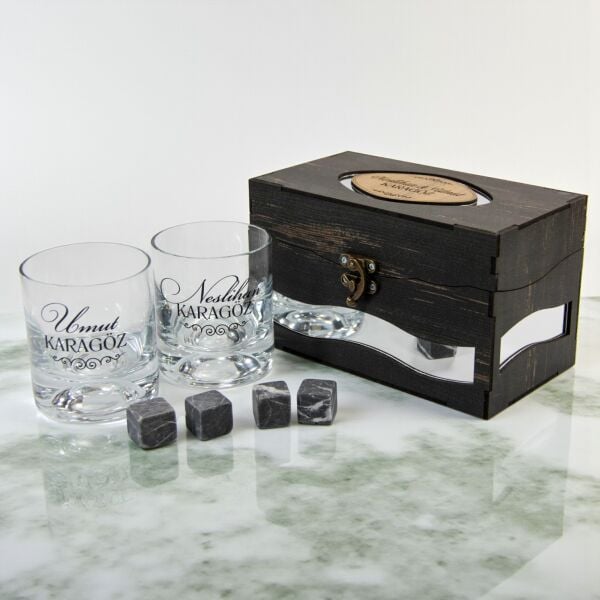 Modena Ahşap Kutulu Özel Baskılı Paşabahçe İkili Viski Set
