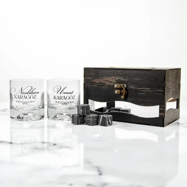 Modena Ahşap Kutulu Özel Baskılı Paşabahçe İkili Viski Set