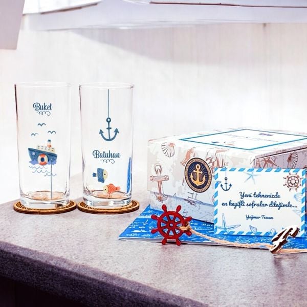 Marine Özel Kutulu Özel Baskılı İkili Rakı Bardak Seti