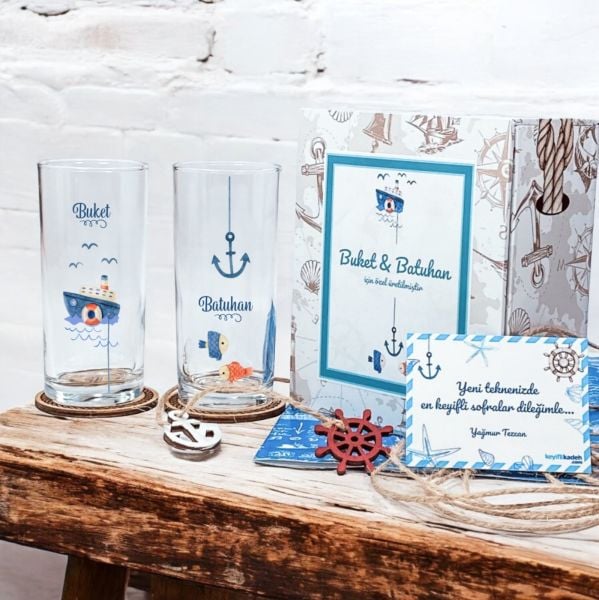 Marine Özel Kutulu Özel Baskılı İkili Rakı Bardak Seti