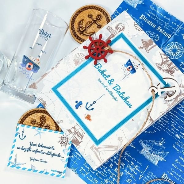 Marine Özel Kutulu Özel Baskılı İkili Rakı Bardak Seti
