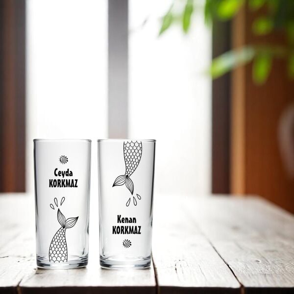 Balık Kuyruk İsim Baskılı İkili Rakı Bardağı