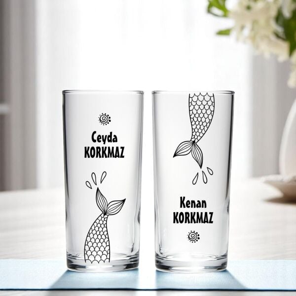 Balık Kuyruk İsim Baskılı İkili Rakı Bardağı