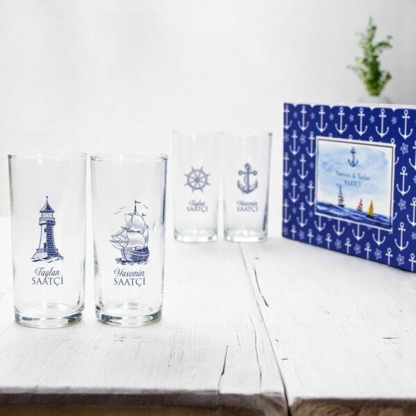Denizci Motifli Hediyelik Kutulu İsim Baskılı Dörtlü Rakı Bardak Set