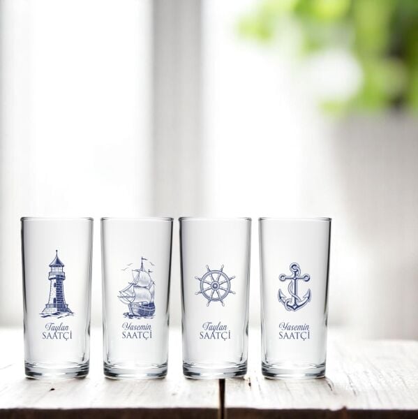 Denizci Motifli Hediyelik Kutulu İsim Baskılı Dörtlü Rakı Bardak Set