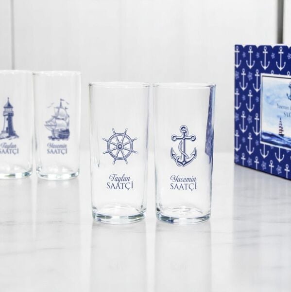 Denizci Motifli Hediyelik Kutulu İsim Baskılı Dörtlü Rakı Bardak Set
